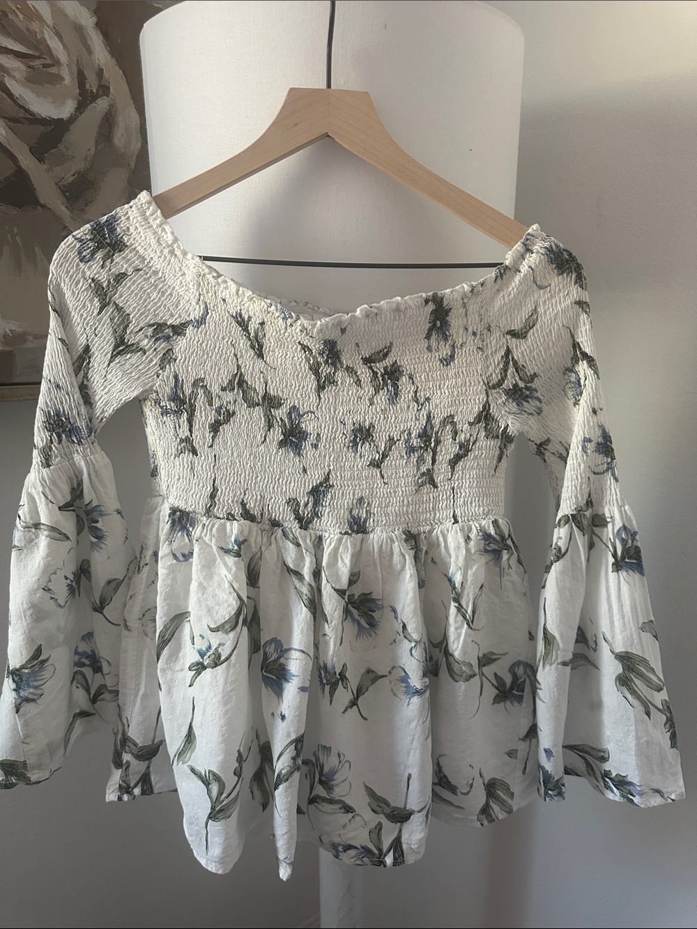 White Floral Smocked Peasant Tunic Top